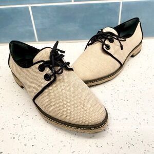 Tory Burch Fawn Oxford Espadrille Flats Canvas Black‎ Trim Lace Up Women 6.5